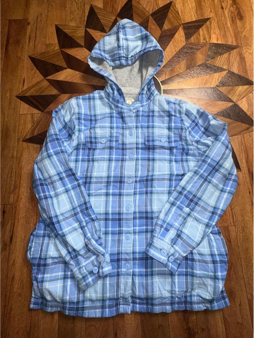 LL Bean Flannel Shacket Womens Small S Blue Plaid Fleece Lined Outdoor Hooded